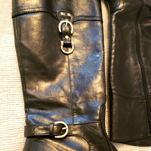 Unisa equestrian black vegan leather boots with goldtone buckles stacked heel - Picture 2 of 8